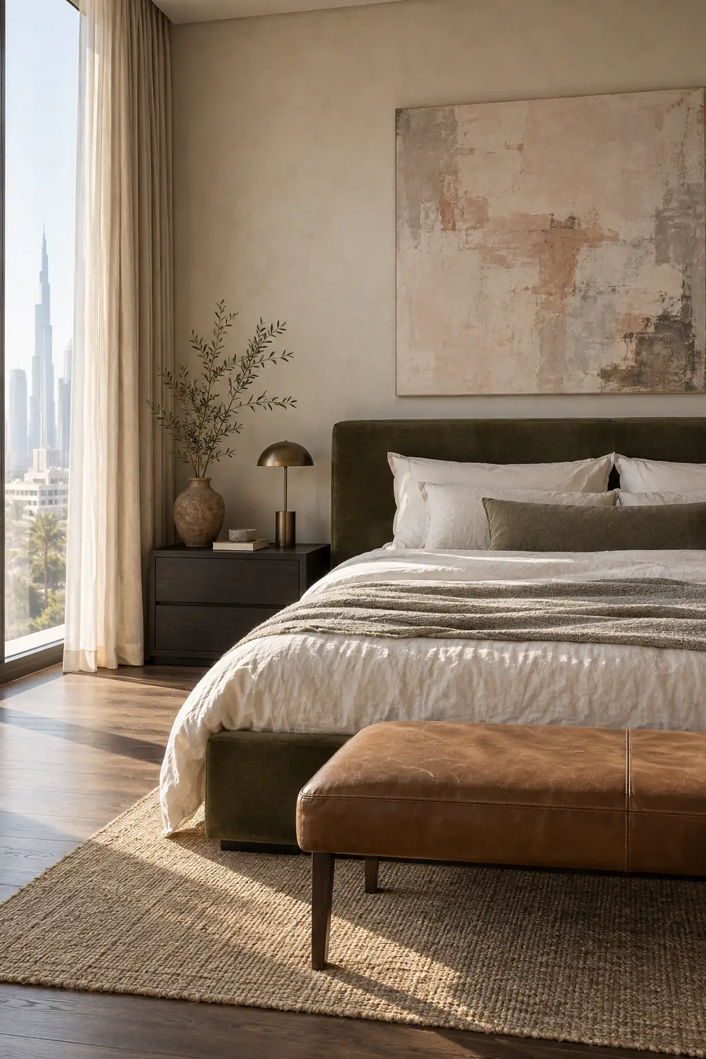 Layered textures and gentle tones create a bedroom that feels instantly restful.