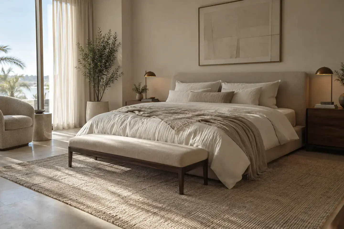 Quiet bedroom with oatmeal upholstery, natural linen and warm walnut details