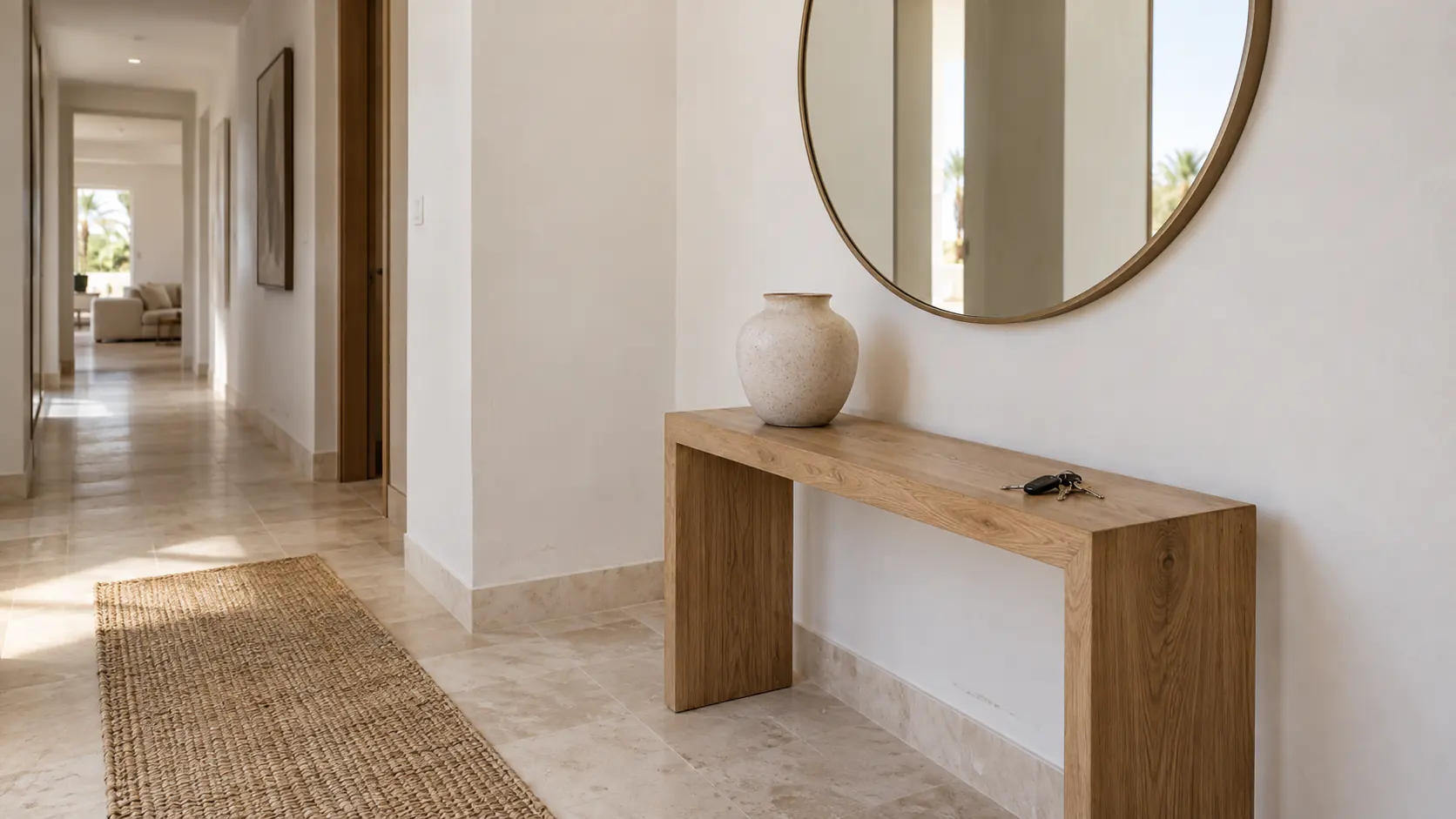 The entrance hall of a styled Dubai villa, daylight carried through by a mirror