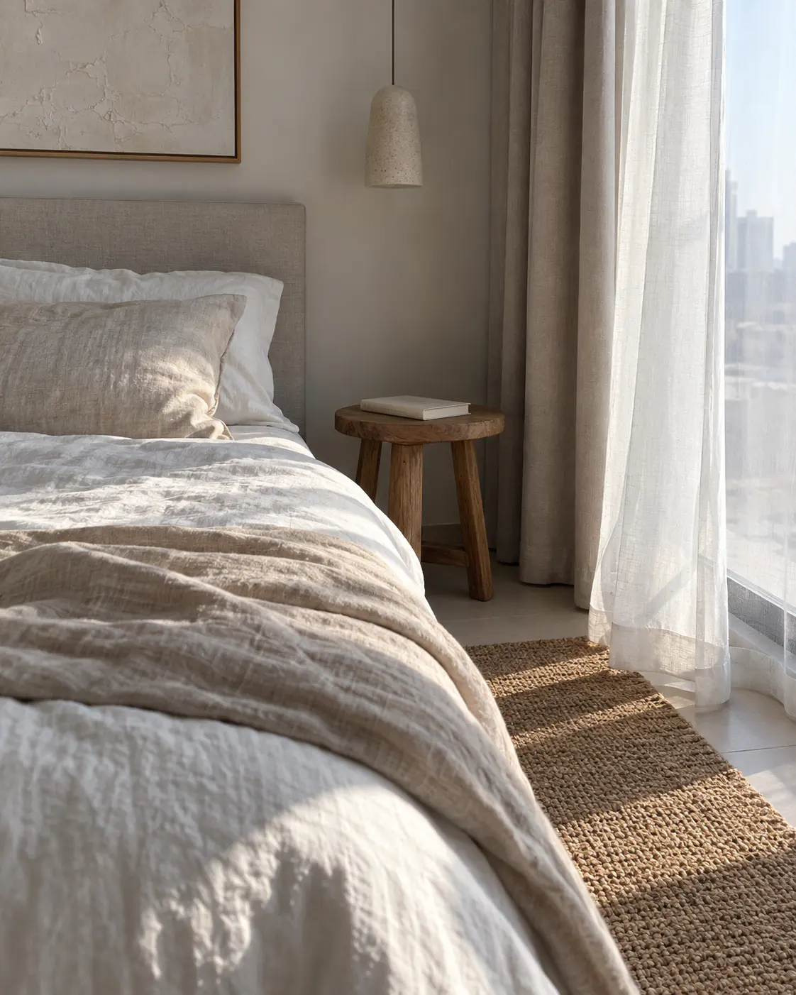 Bedroom corner with layered linen bedding, a timber stool and a jute rug in morning light through a sheer curtain