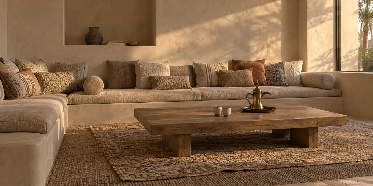 Villa majlis with low linen seating along the wall, layered rugs and a brass dallah on an oak table in late afternoon light
