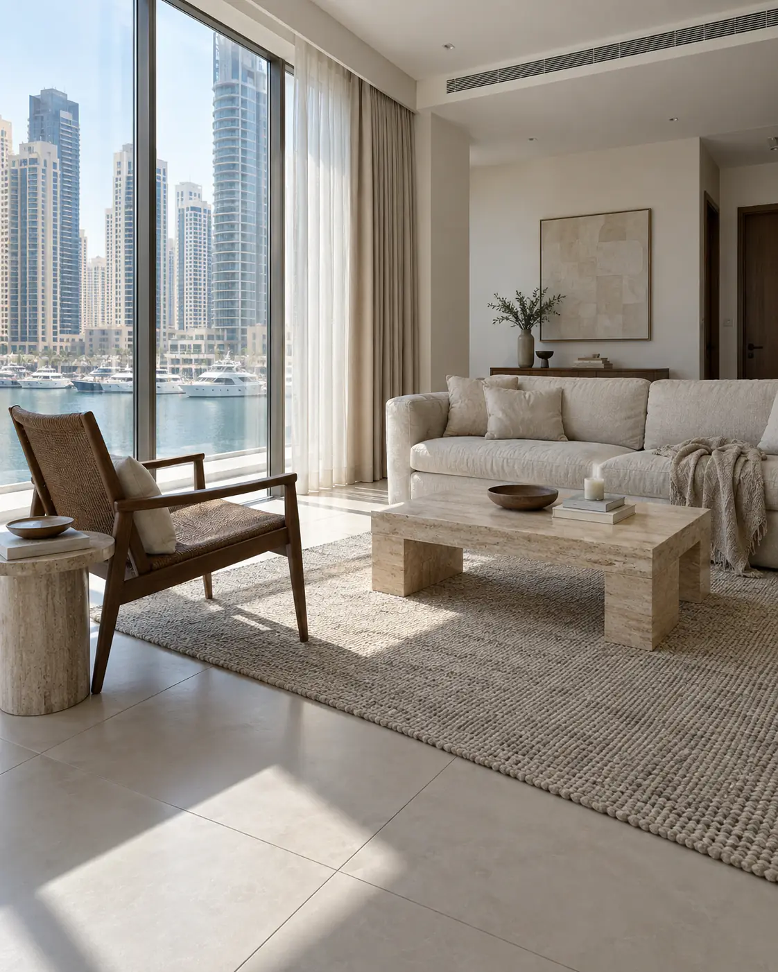 Living room of a Dubai Marina apartment with a linen sofa, a woven walnut chair and a travertine table, the marina beyond full-height glazing