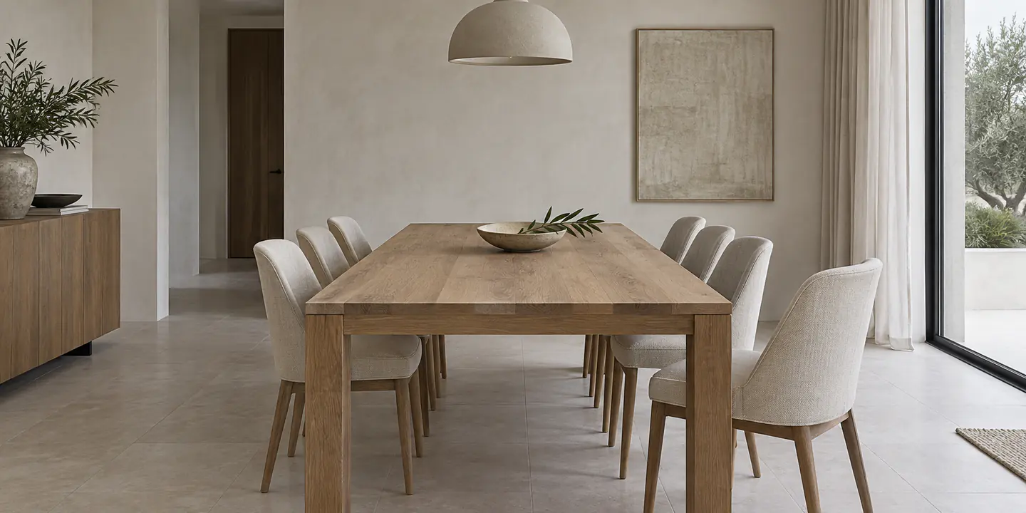 Dining room with a long oak table, pale upholstered chairs and a plaster pendant under flat daylight from the terrace