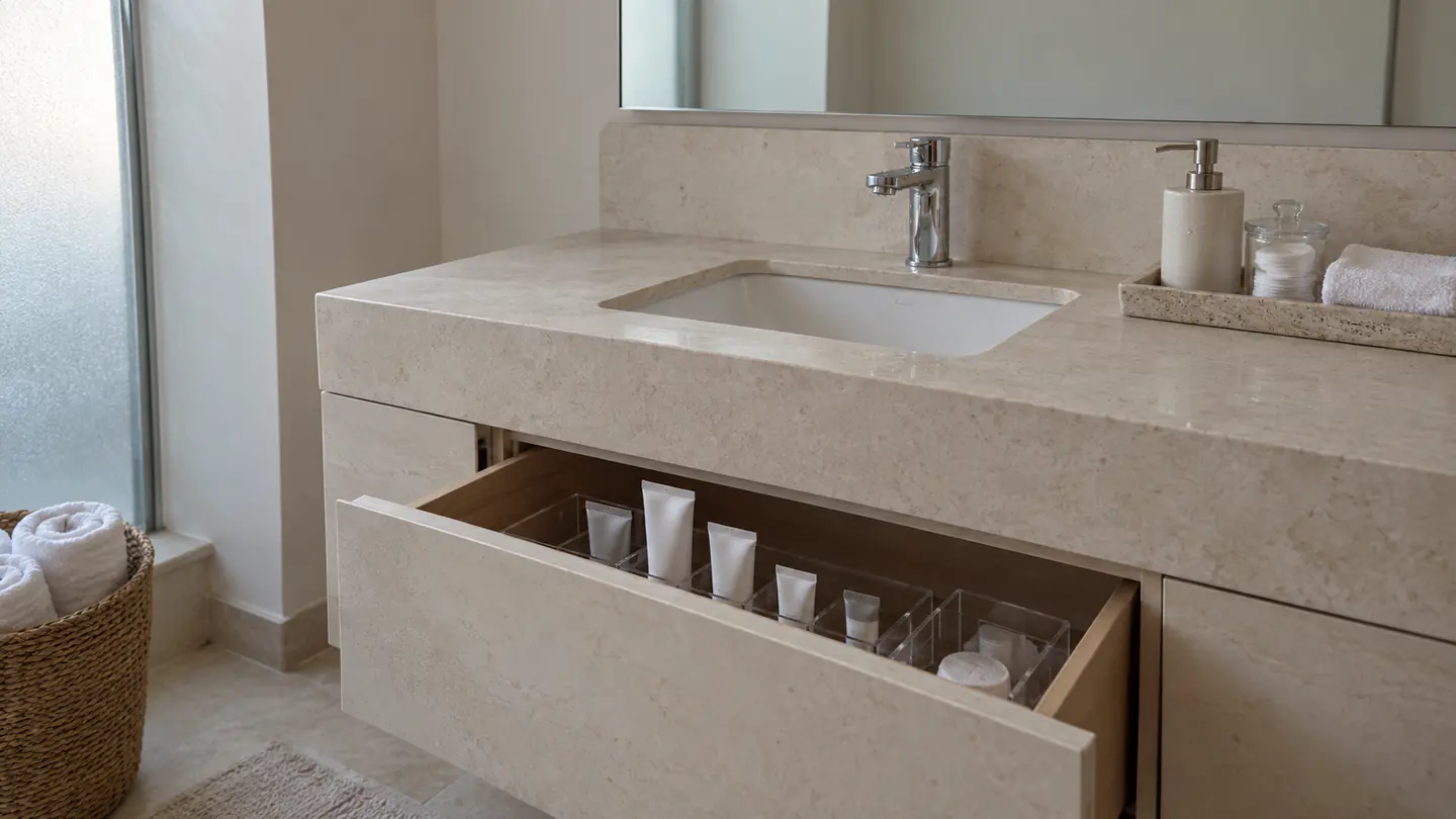 Bathroom vanity with a stone tray of daily essentials and folded towels in a linen basket