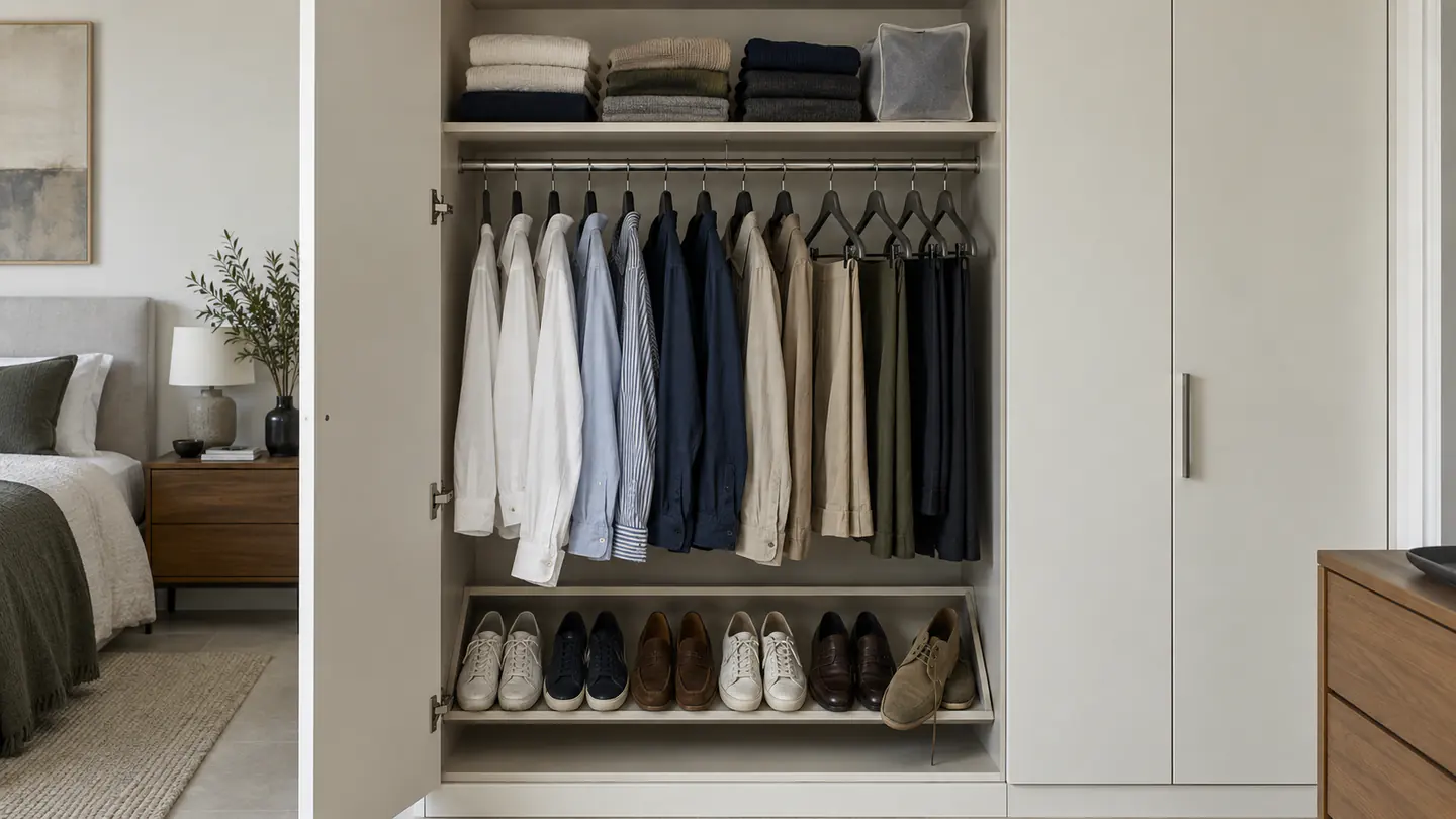 Walk-in wardrobe with matching velvet hangers, folded knitwear and shoes on angled shelves