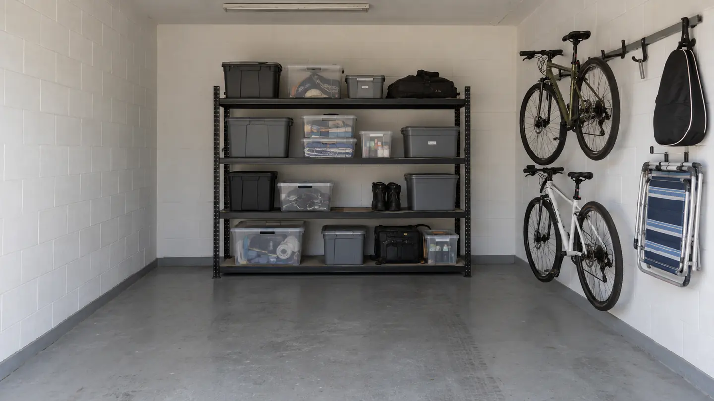 Villa garage with shelving along one wall and labelled lidded boxes grouped by category