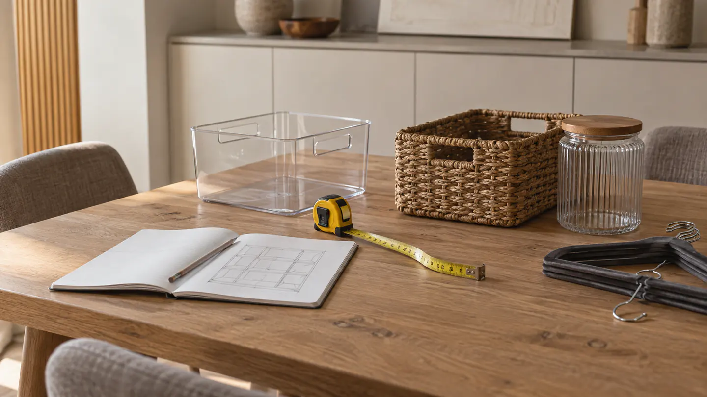 An organizing consultation: a measured plan, container samples and a tape measure on a table