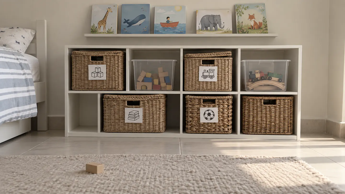 Child's room with low open shelving, lidded toy baskets and picture labels