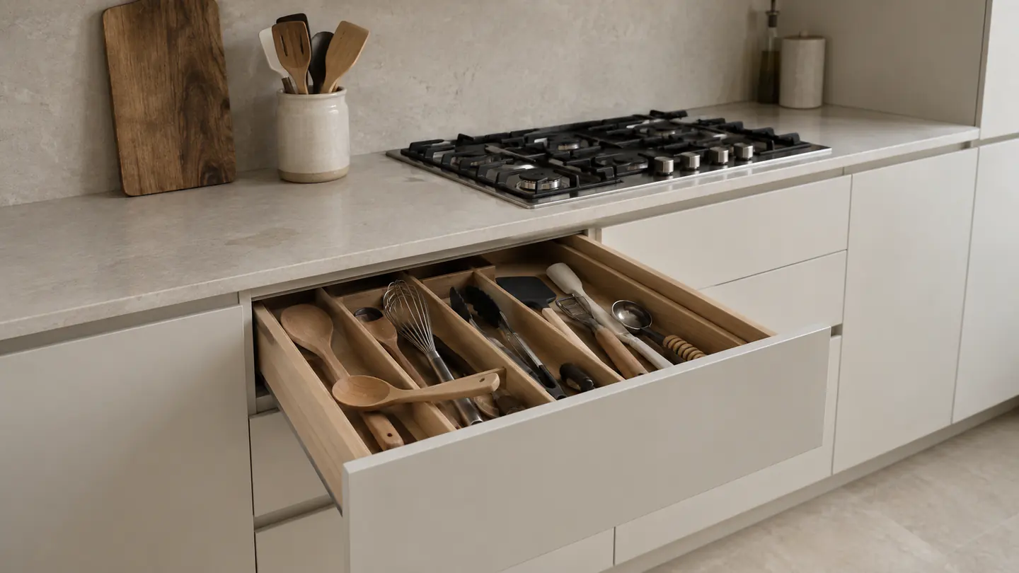 Kitchen drawer fitted with oak dividers, utensils grouped by use and nothing stacked