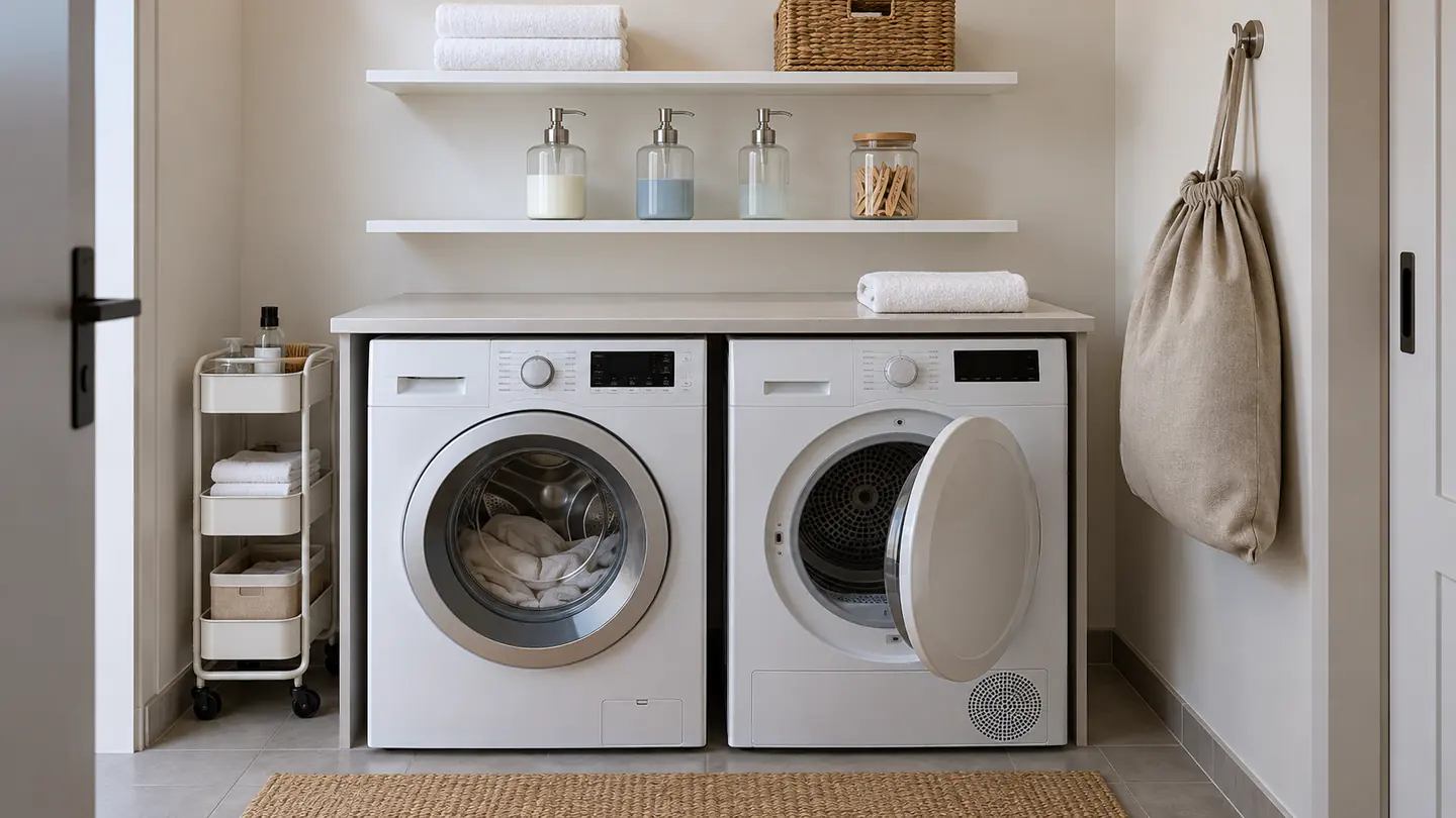 Laundry room with labelled supply jars, a rolling sorting cart and stacked linen