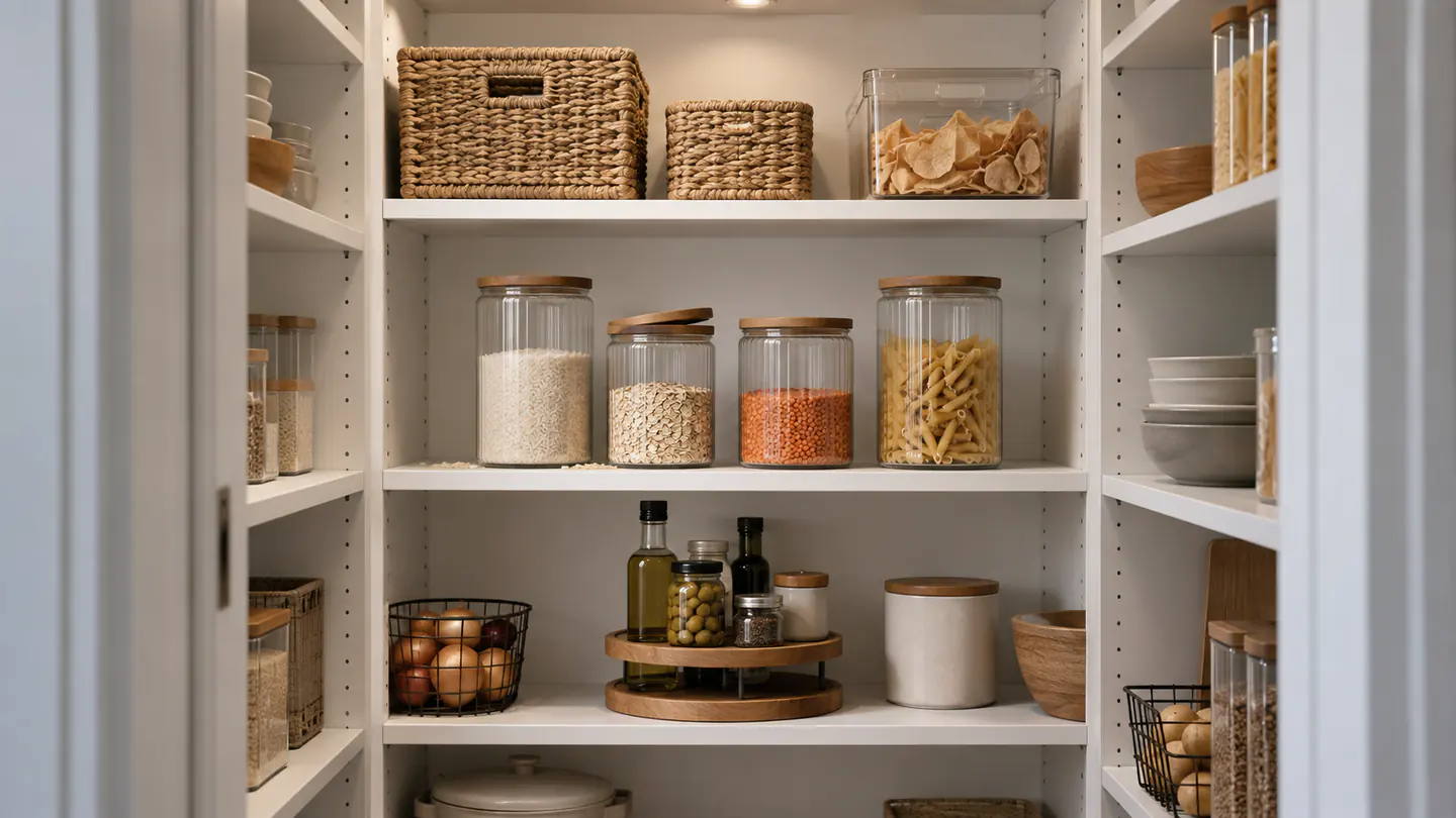 Pantry shelves with airtight glass canisters, woven baskets and handwritten labels