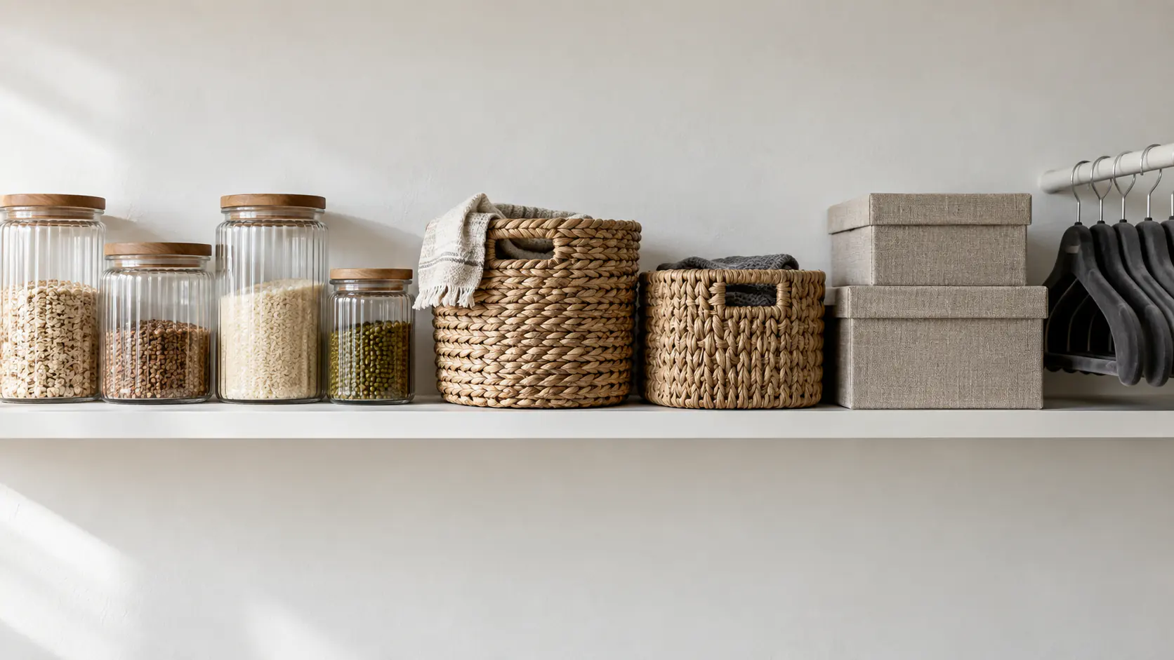 A finished shelf, styled and evenly spaced