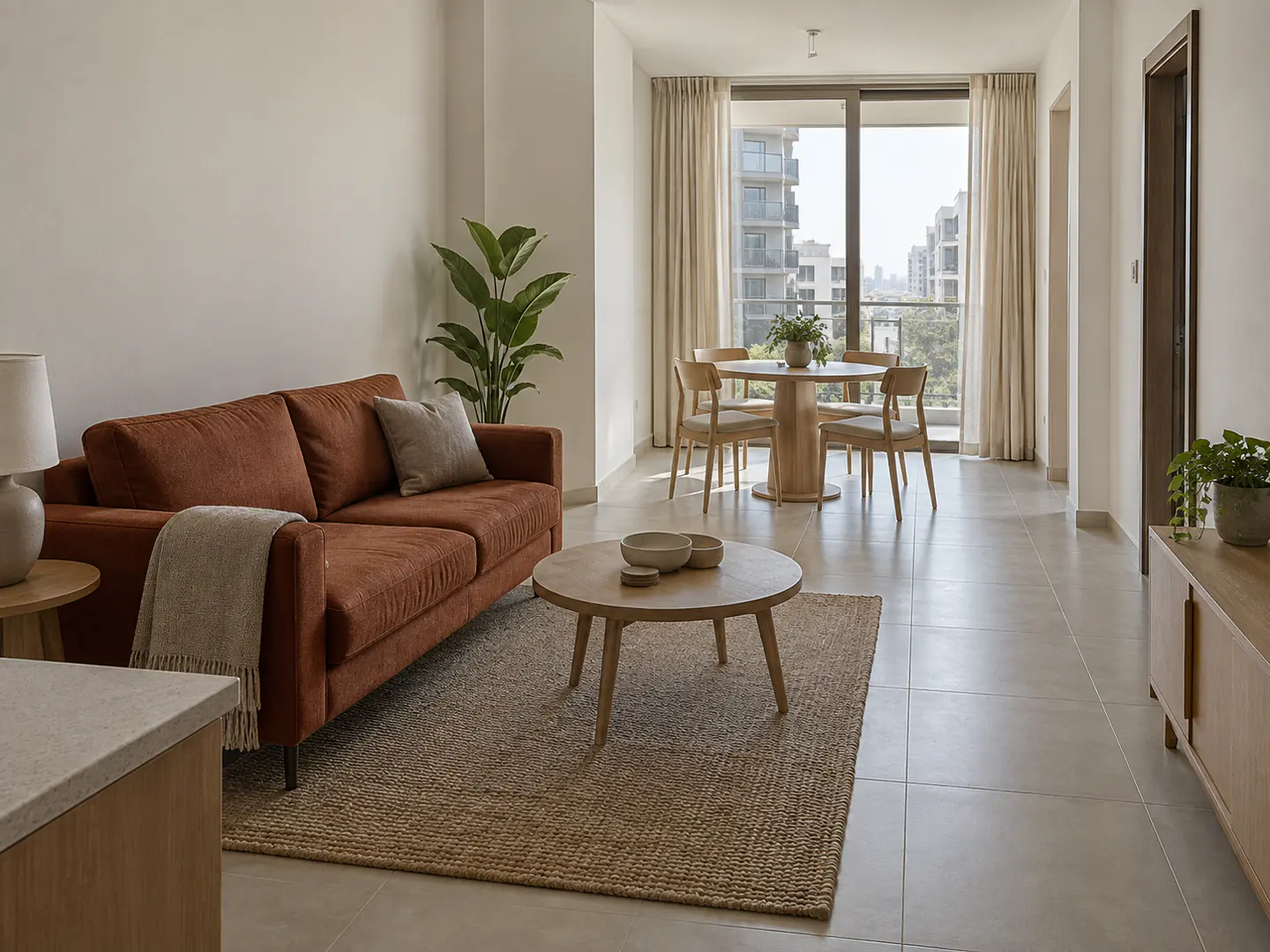 A properly scaled living room with a clear route to the balcony