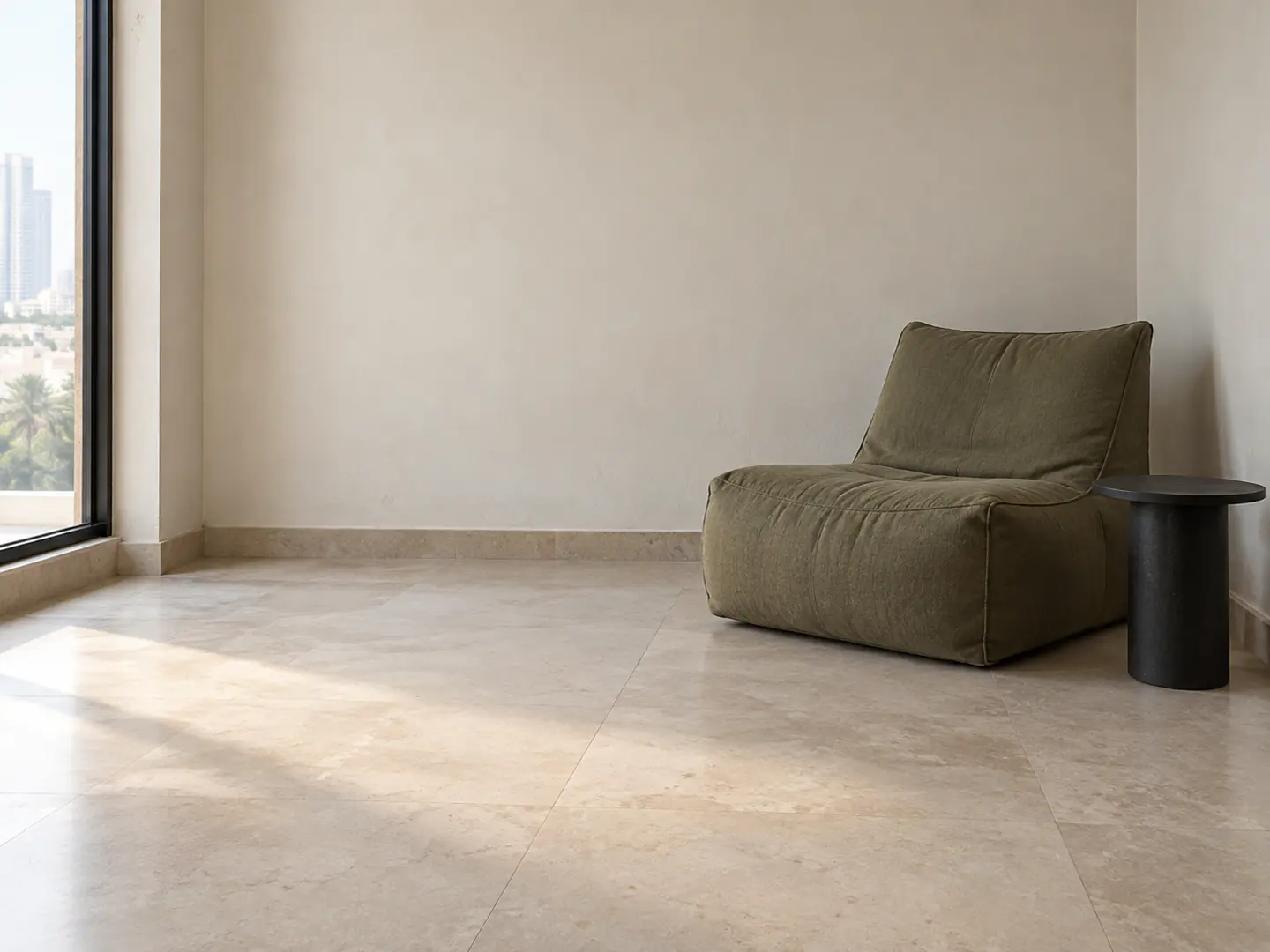 A quiet apartment corner with a single linen chair and clear floor space