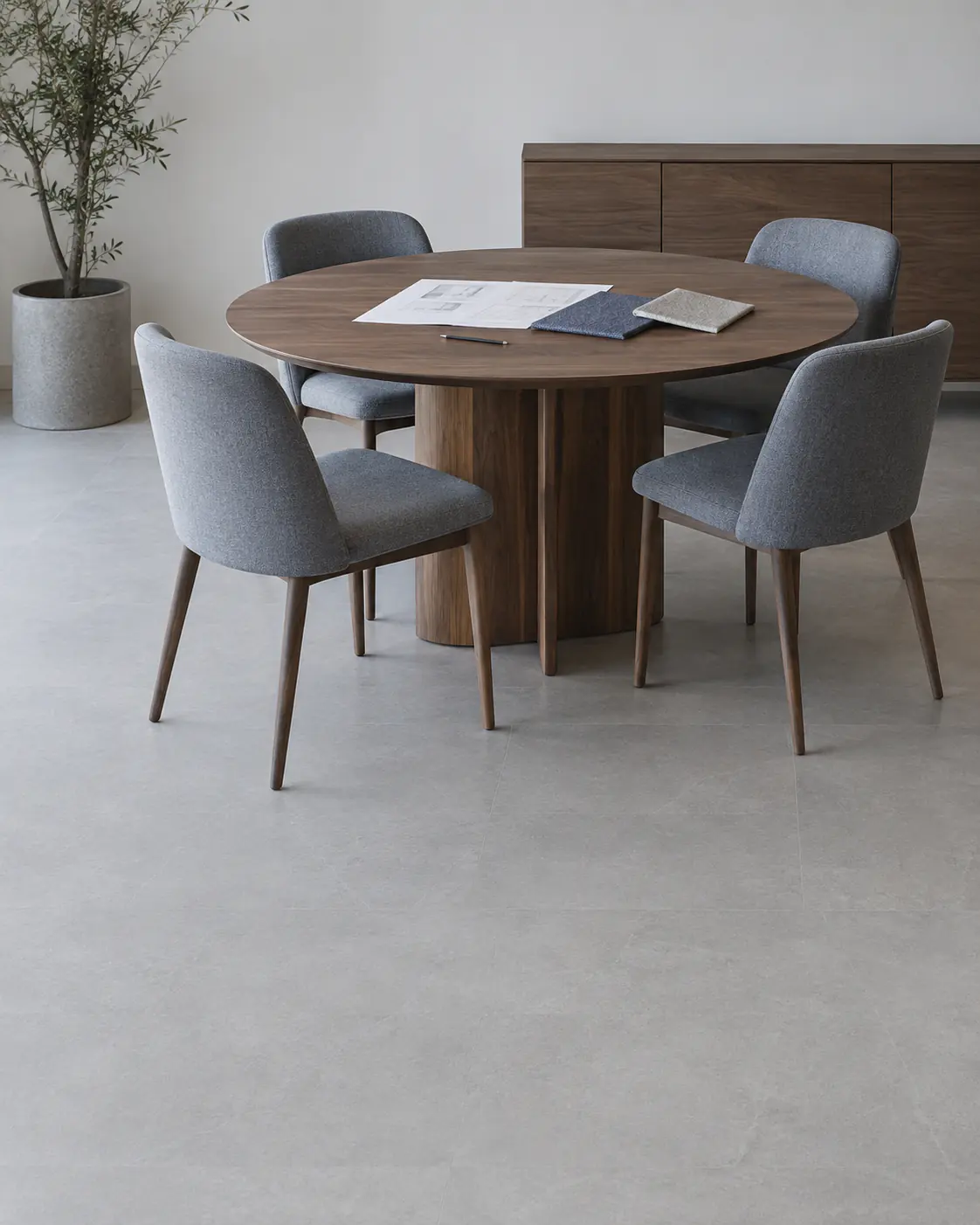 Apartment dining area in daylight, photographed upright