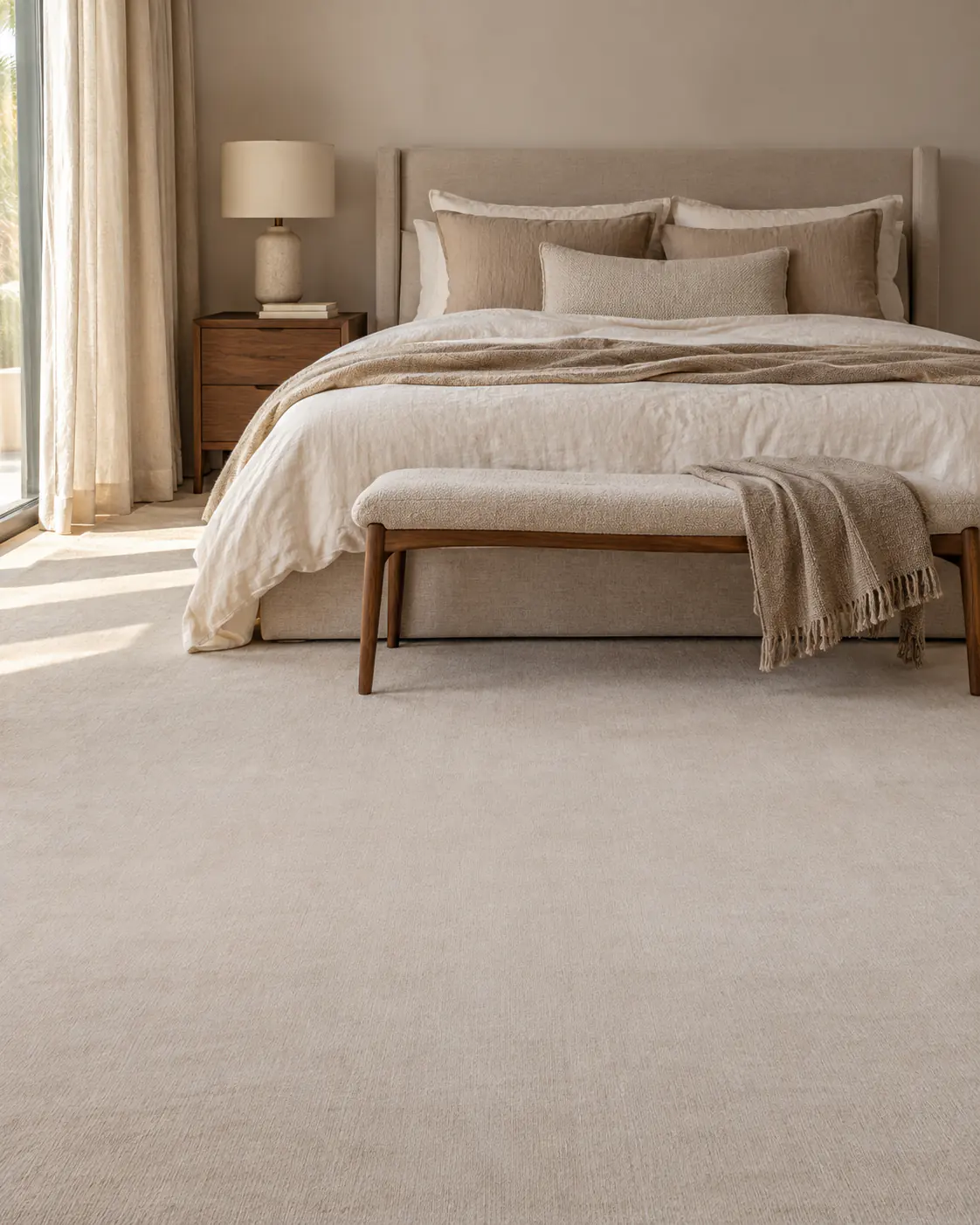 Furnished bedroom in oatmeal and walnut, photographed upright