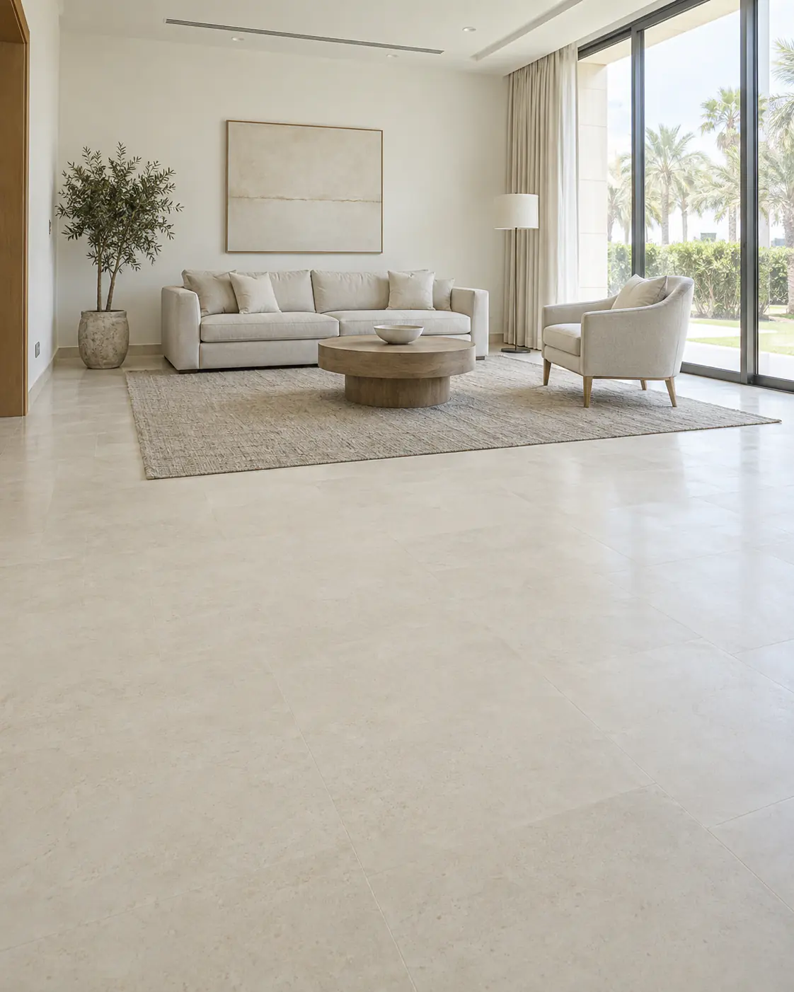 Styled villa living room, photographed upright with a calm foreground