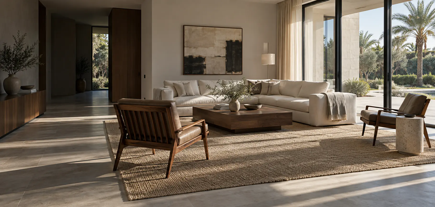 Villa living room styled with linen seating and warm timber