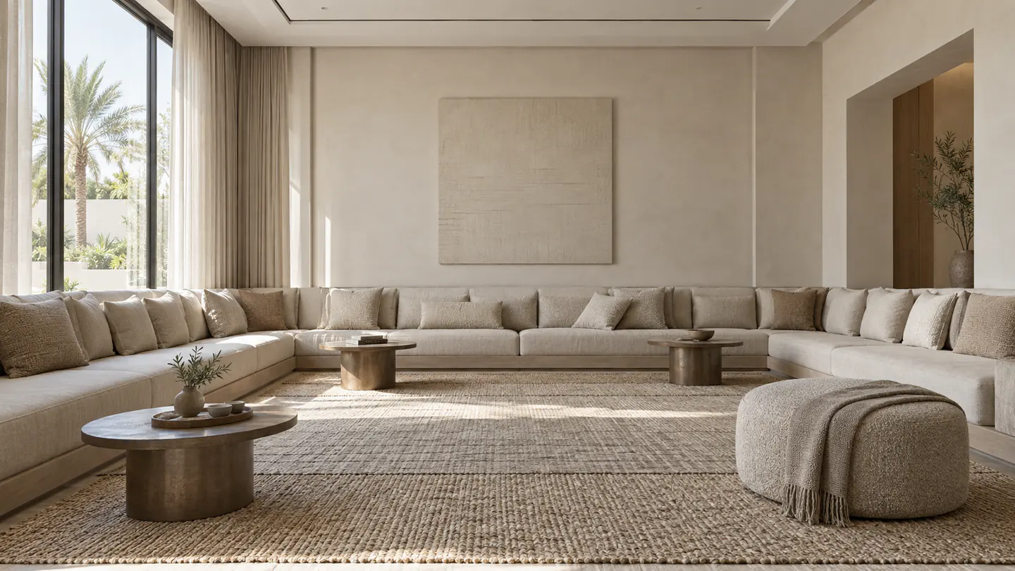 A modern majlis design for a Dubai villa: a formal receiving room styled for generous seating and easy conversation.