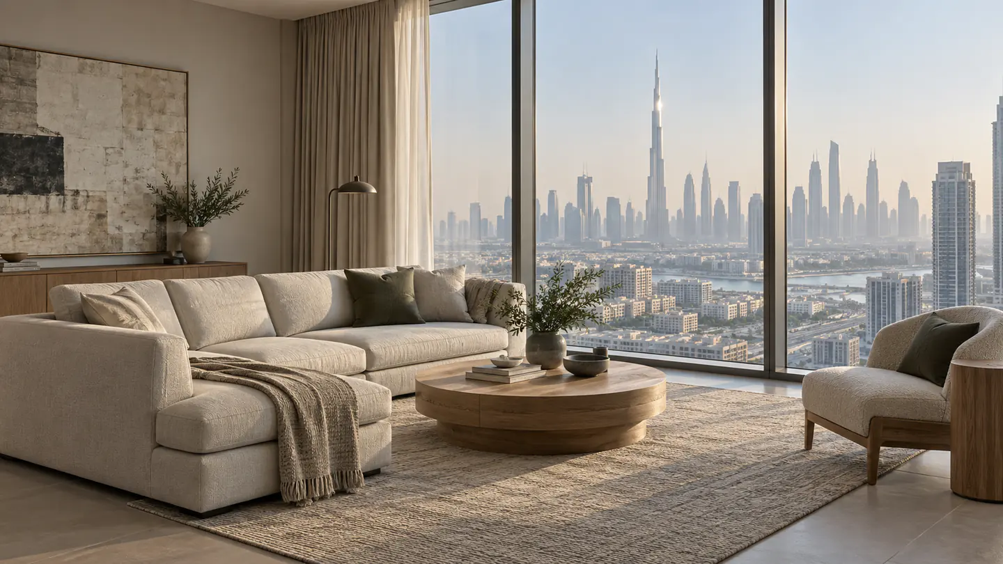 A restrained penthouse interior for a Dubai apartment, with the attention kept on the view and the light.