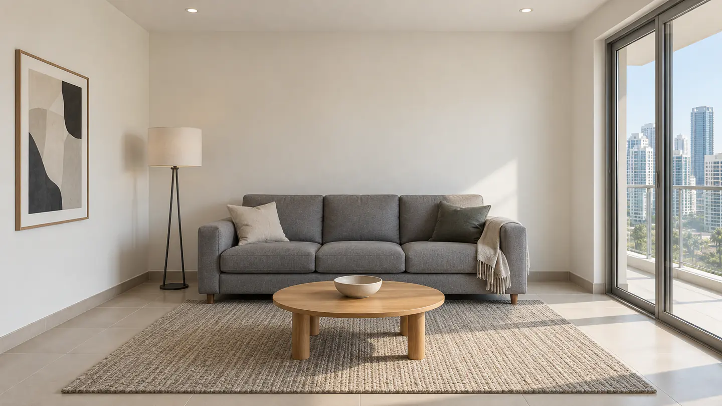 The same room after styling, with seating, textiles and layered light