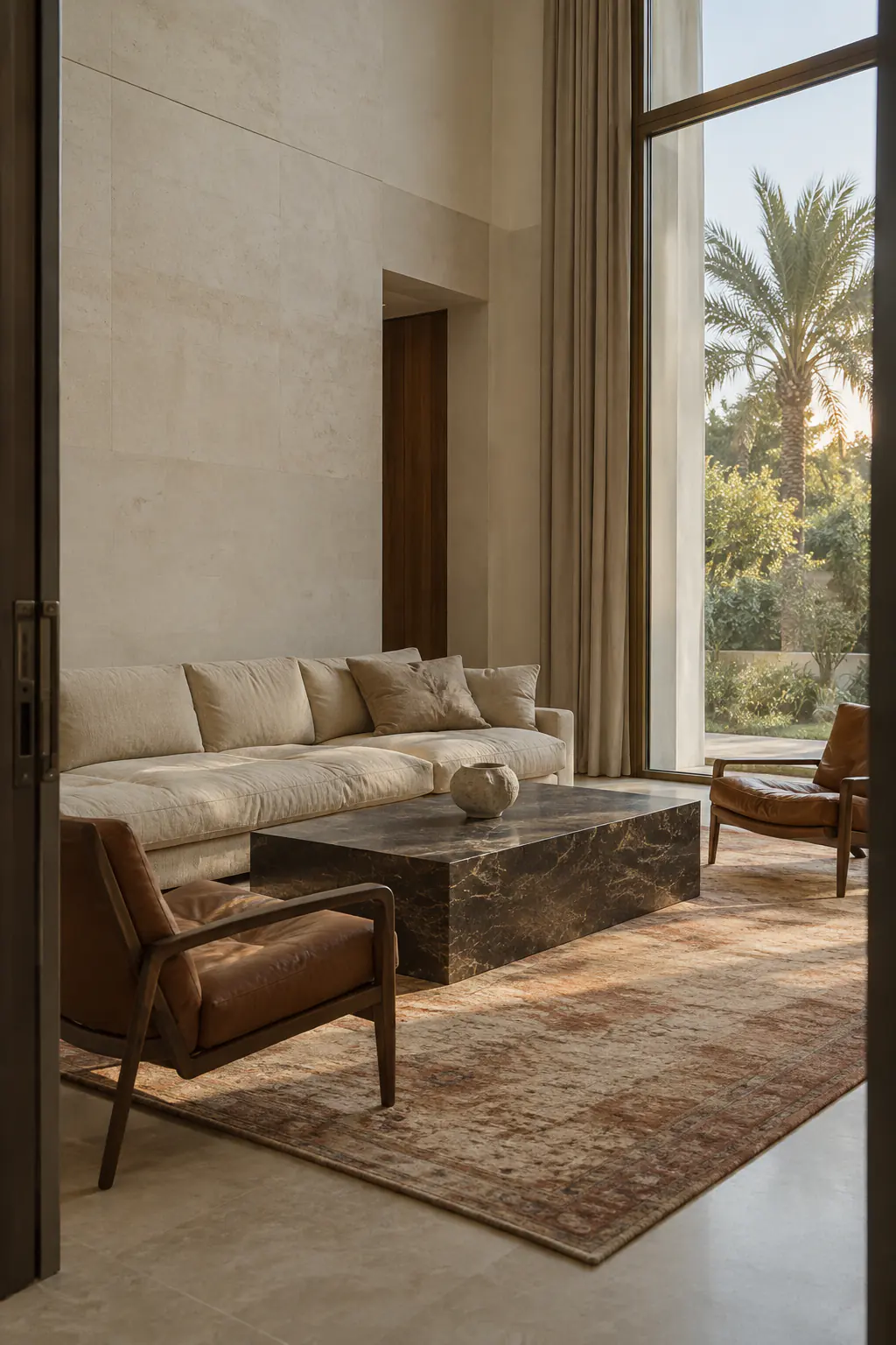 Soft linen, warm timber and open sightlines. A calm, welcoming approach to styling and staging a family villa in Dubai.